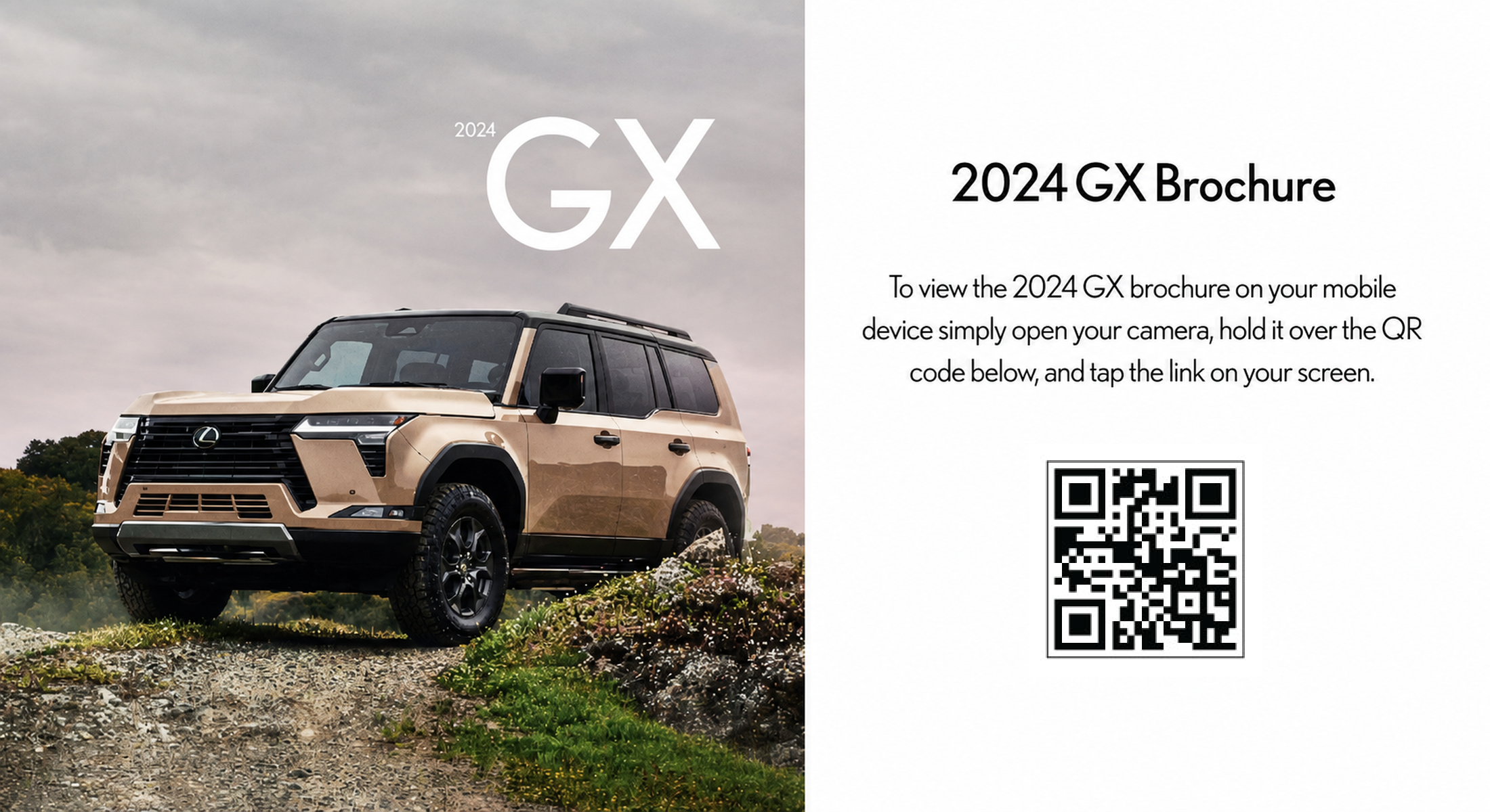 Detailed Lexus GX brochure card pairing vehicle imagery, instructions, and a QR code