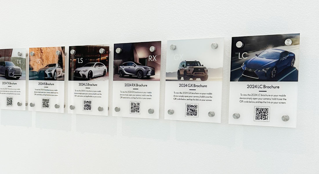 Six coordinated Lexus brochure QR cards arranged in a row