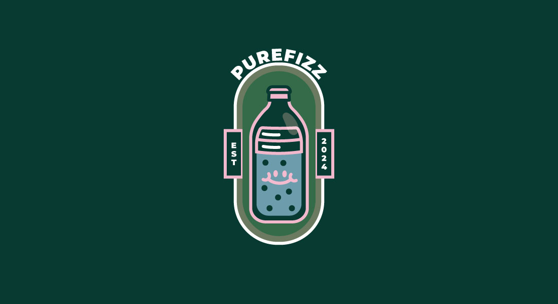 Pure Fizz bottle badge centered on deep green
