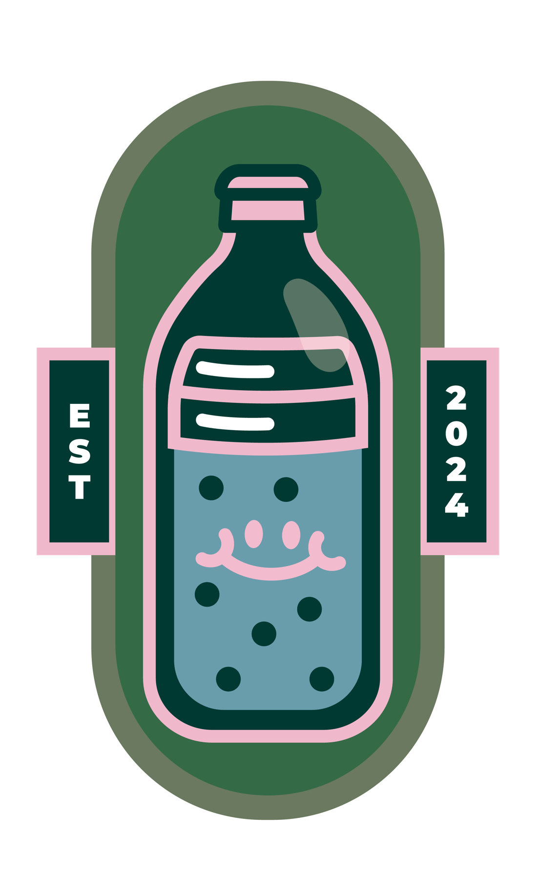 Pure Fizz bottle badge in green, pink, blue, and white