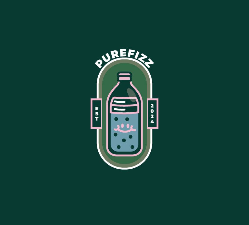 Pure Fizz bottle identity on a deep green field